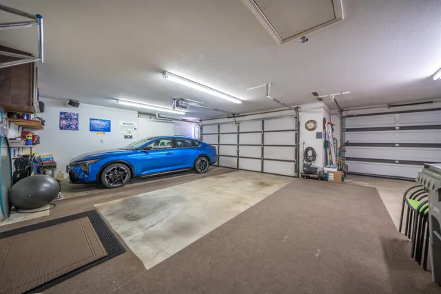 a view of a garage with storage