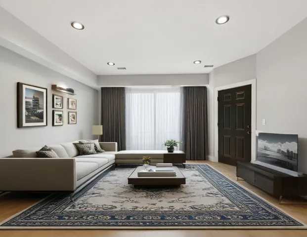 a living room with furniture and a rug
