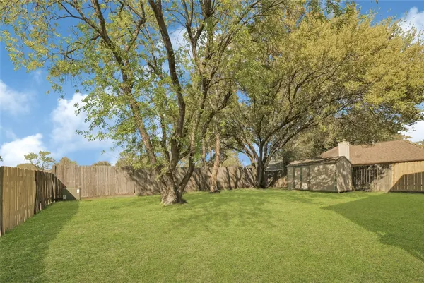a view of a park with large trees