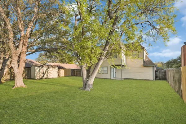 a view of a backyard with large trees