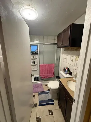 a bathroom with a sink toilet a mirror and shower
