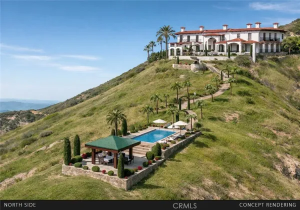 a view of swimming pool with outdoor seating and yard in back