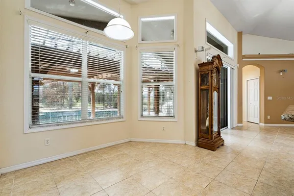 a view of a livingroom with a large window