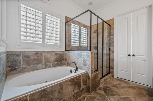 a bathroom with a bathtub and a shower
