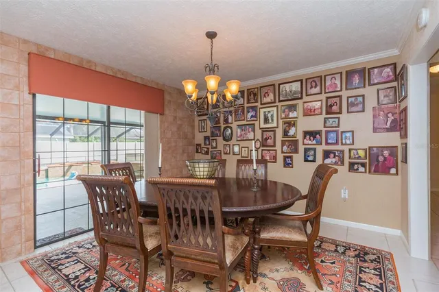 a dining room with furniture a rug and a chandelier