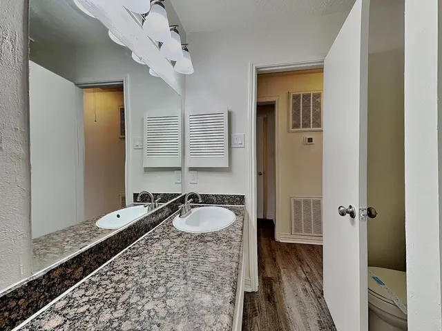 a spacious bathroom with a granite countertop sink and a mirror
