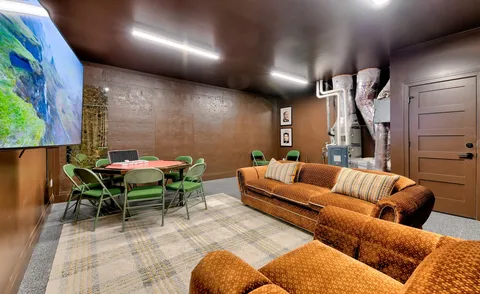 a living room with furniture a rug and a potted plant