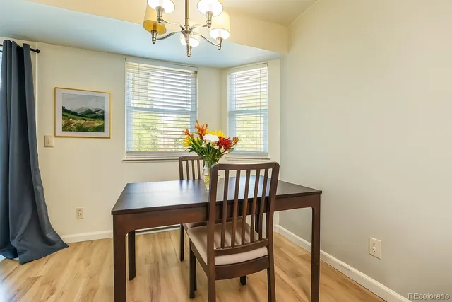a view of a dining room with furniture window and wooden floor