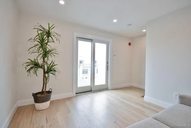 a view of empty room with a potted plant and wooden floor