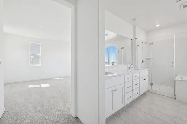 a bathroom with a double vanity sink a toilet and a shower