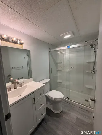 a bathroom with a double vanity sink toilet and shower