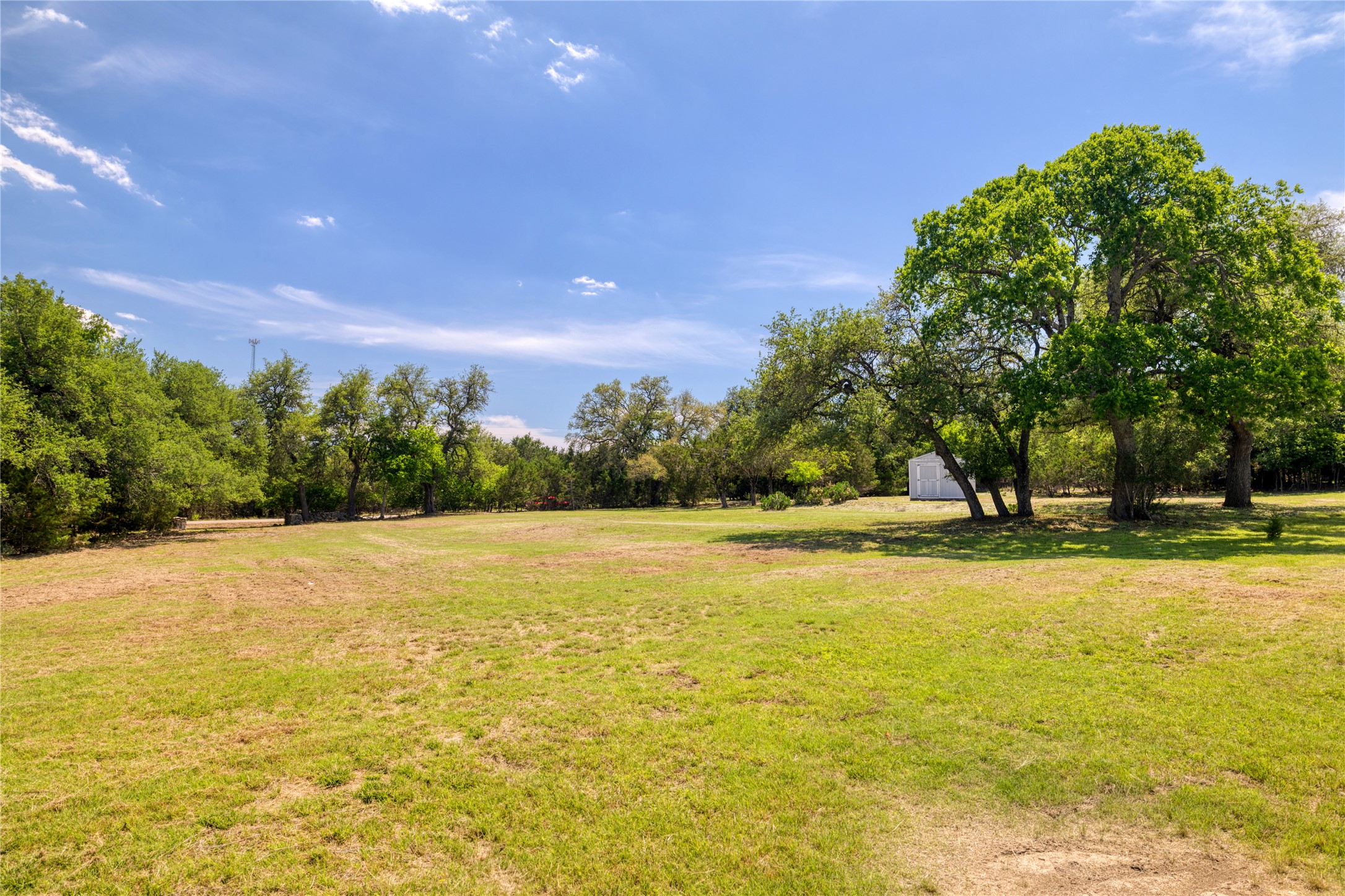 187 Beauchamp Road Dripping Springs, TX 78620 - Photo 5 of 19 Expansive open green space framed by mature trees, featuring a detached storage shed