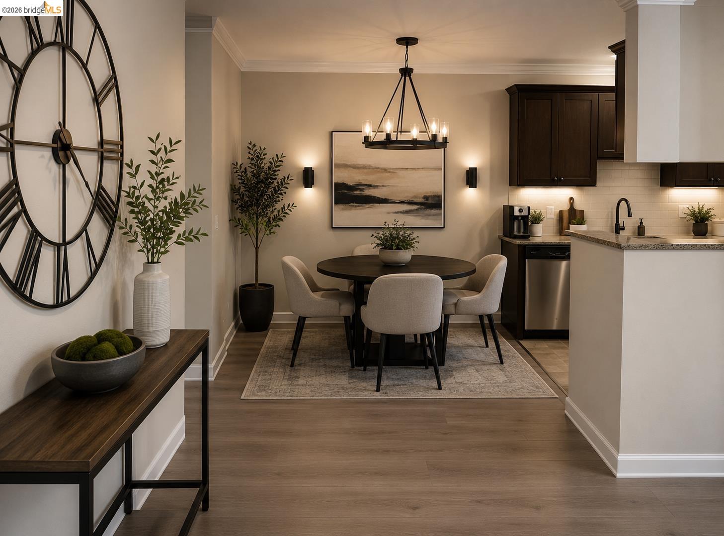 1505 Kirker Pass Road, Unit 214 Concord, CA 94521 - Photo 22 of 57 Open-concept dining area featuring a contemporary chandelier, recessed lighting, and wood-finish flooring
