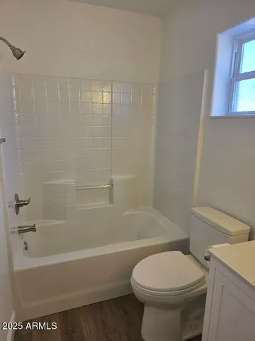 a bathroom with a toilet and a bath tub