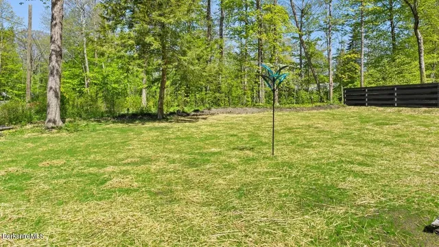 a backyard of a house with plants and large trees