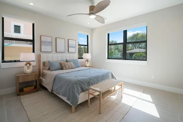 a spacious bedroom with a bed and a window