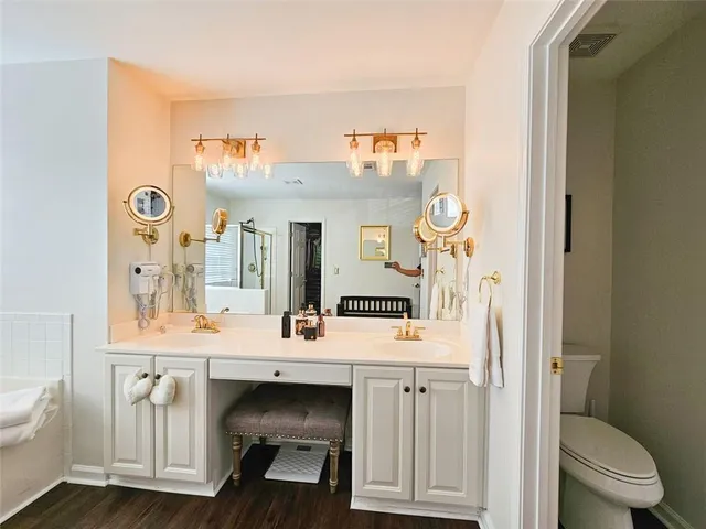 a bathroom with a sink a toilet and a mirror