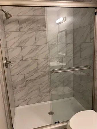 a bathroom with a shower and toilet