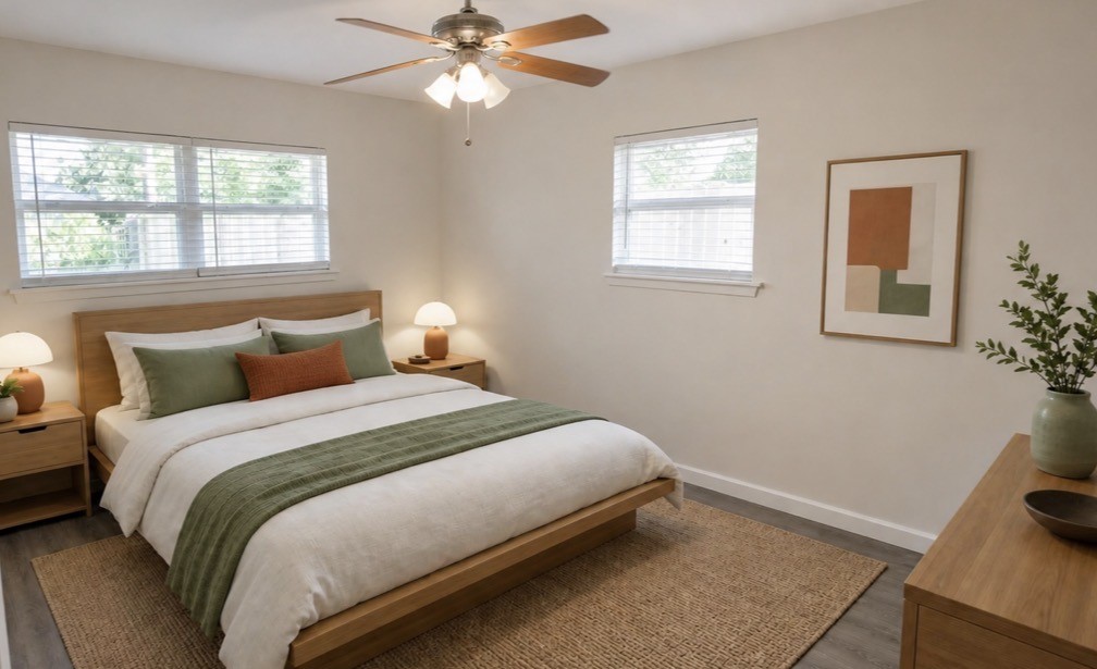 322 Broad Ripple Drive Houston, TX 77336 - Photo 12 of 16 A cozy bedroom with a modern design features a large bed with green and white bedding, complemented by wood furniture. Two windows provide natural light, and a ceiling fan adds comfort. Minimalist artwork and plants add a touch of elegance.