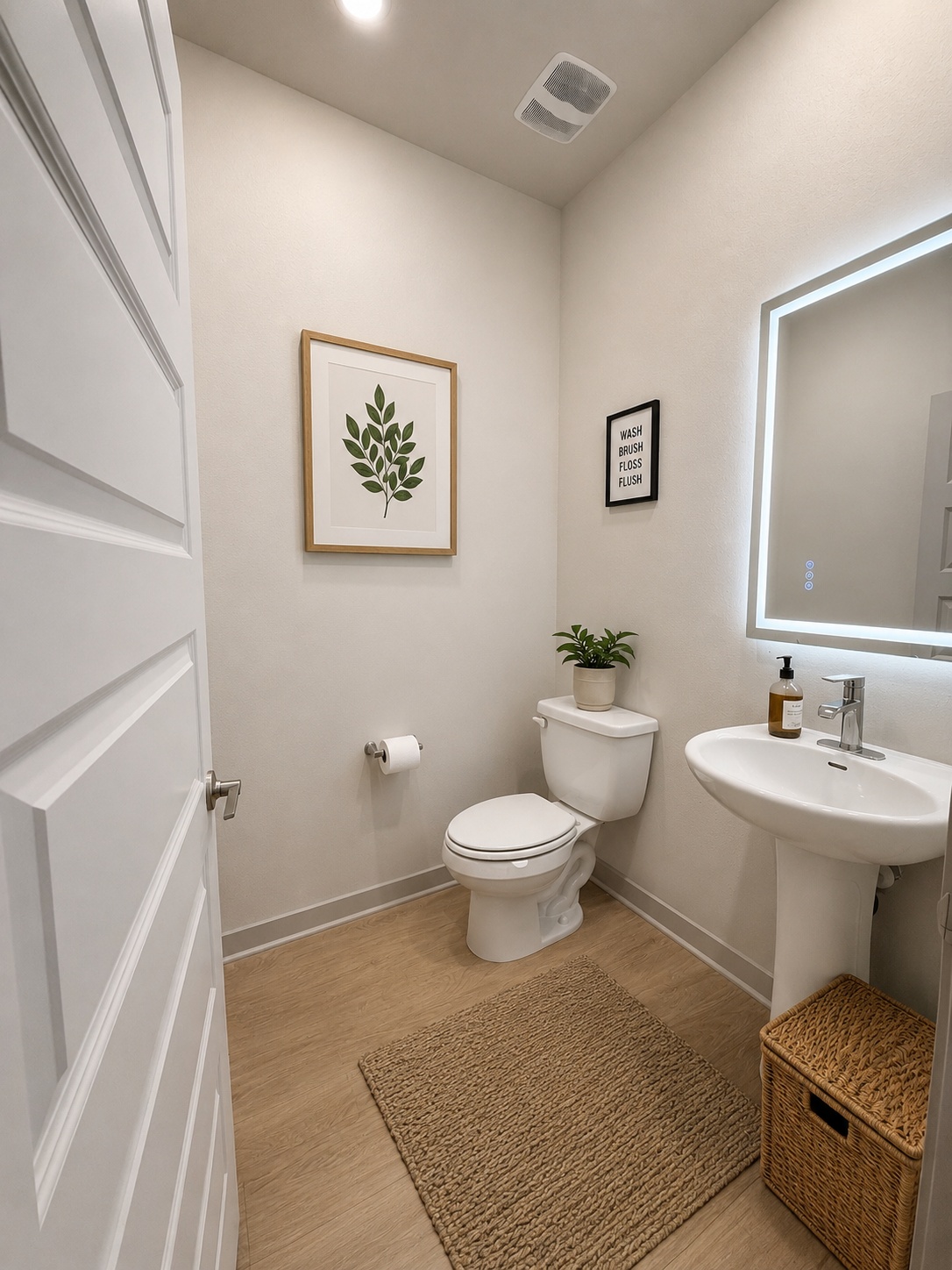 10924 Meris Lane Austin, TX 78754 - Photo 17 of 20 Pedestal sink with a sleek chrome faucet, illuminated by a contemporary LED-framed mirror