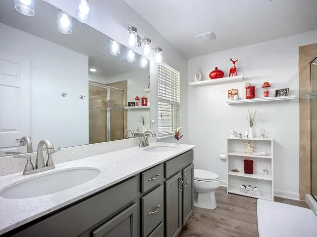 a bathroom with a sink a toilet and a mirror