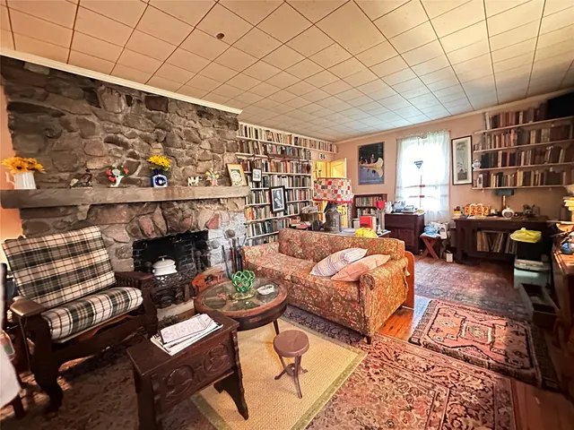 a living room with furniture and a fireplace