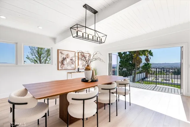 a view of a dining room with furniture wooden floor and a chandelier