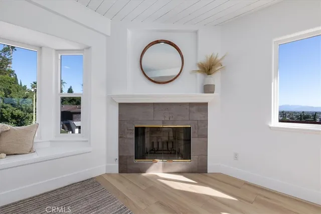 a living room with a fireplace and a potted plant