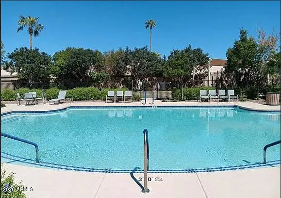 a view of a swimming pool with a yard