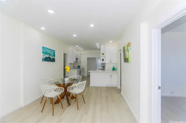 a view of a dining room with furniture