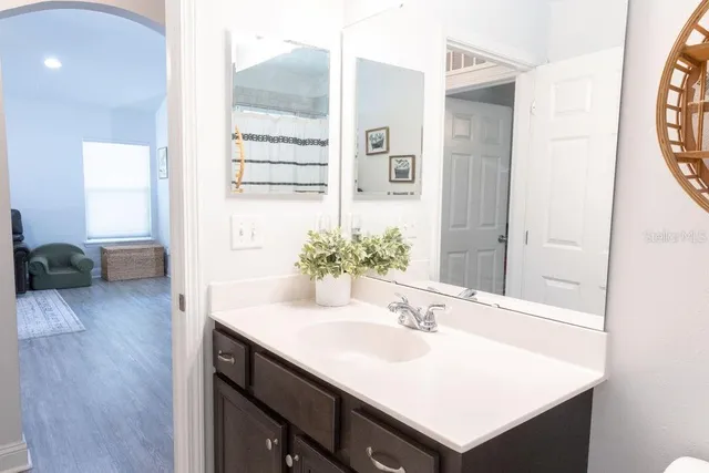 a bathroom with a sink and a mirror