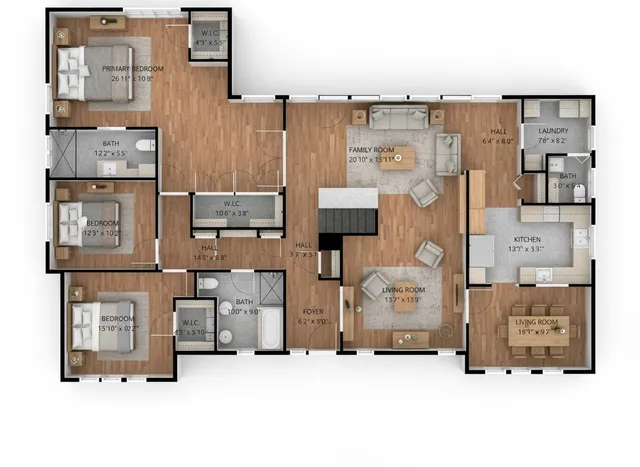 an aerial view of a house with couches