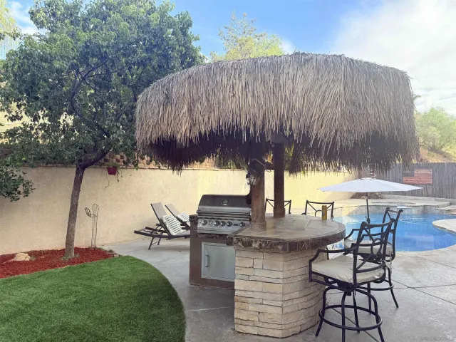 a view of outdoor kitchen with outdoor seating