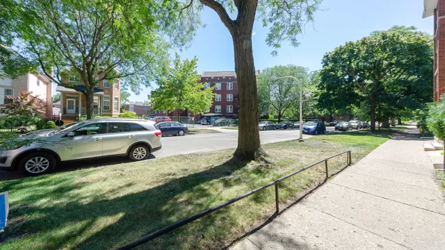 a view of a yard with car parked