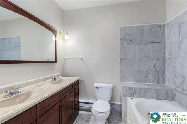 a bathroom with a sink a toilet a mirror and bathtub