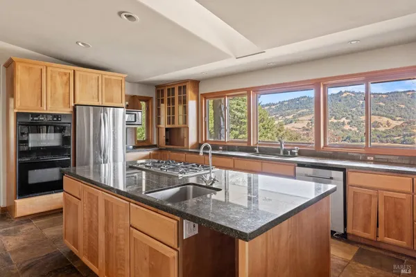 a kitchen with stainless steel appliances granite countertop a sink and a refrigerator