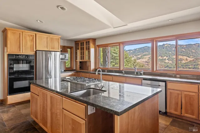 a kitchen with stainless steel appliances granite countertop a sink and a refrigerator
