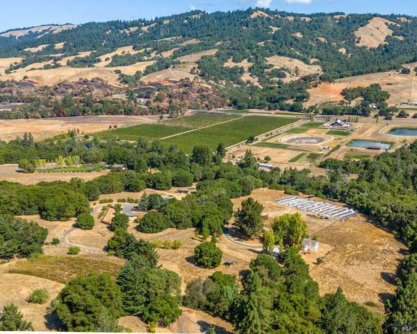 an aerial view of residential houses with outdoor space and trees