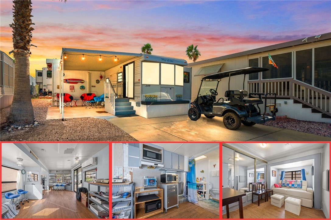 2000 Ramar Road, Unit 249 Bullhead City, AZ 86442 - Photo 1 of 40 Charming desert retreat featuring a covered patio with ambient caf? lighting, private driveway with golf cart parking, and inviting indoor-outdoor living spaces set against a stunning Arizona sunset backdrop.