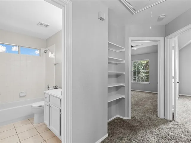 a bathroom with a bathtub and a toilet