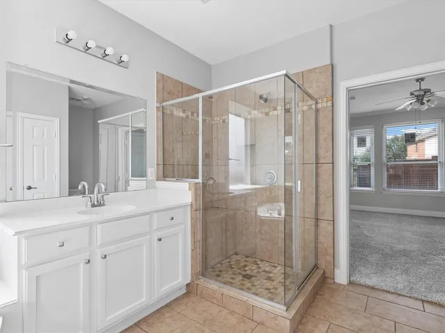 a bathroom with a shower sink and mirror