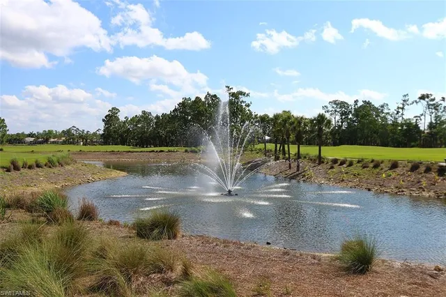 a view of a water pond with yard and mountain view in back