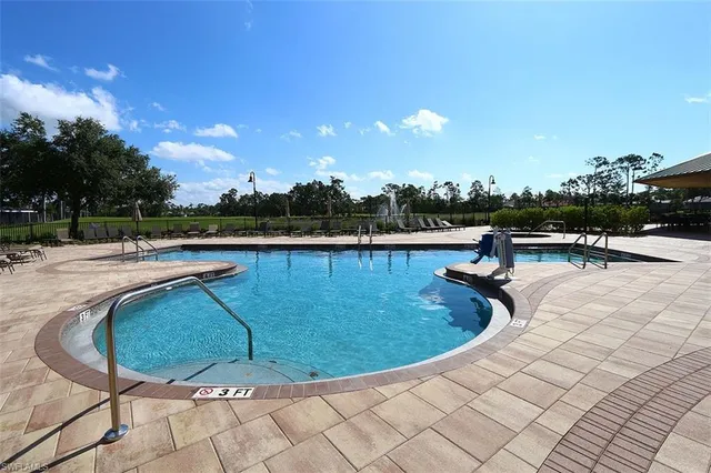 a view of a swimming pool with outdoor seating and plants