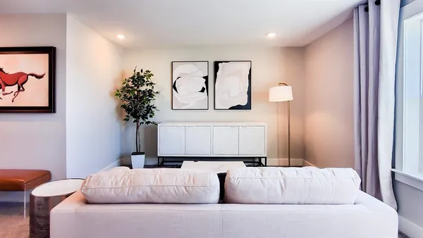 a living room with furniture and a potted plant