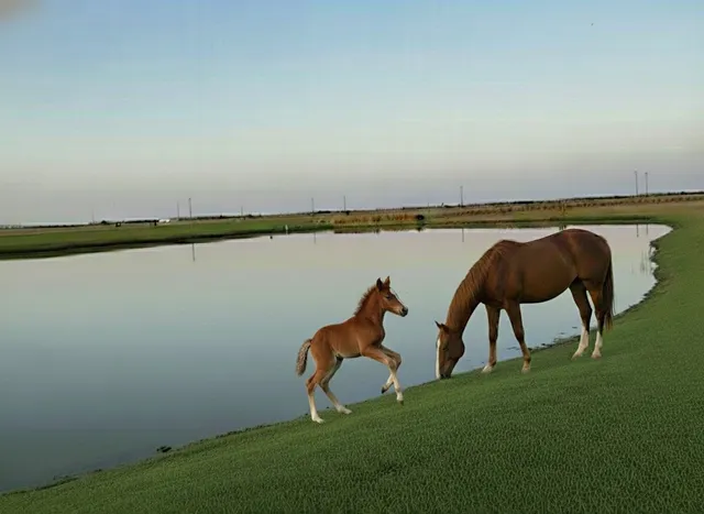 a view of a lake with a swimming pool