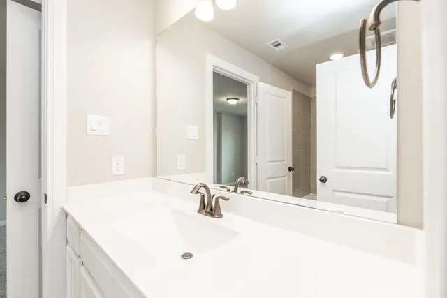 a bathroom with a sink a mirror and a shower