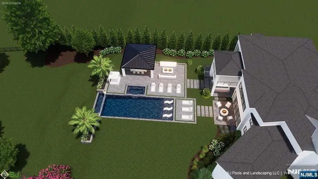 a view of a house with a fountain in front of house