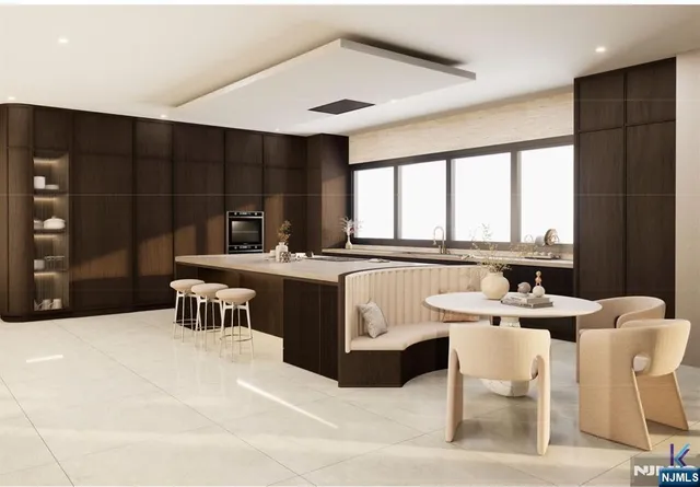 a view of a dining room with furniture window and outside view