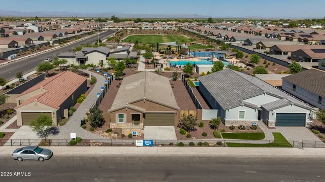 an aerial view of a house with a garden