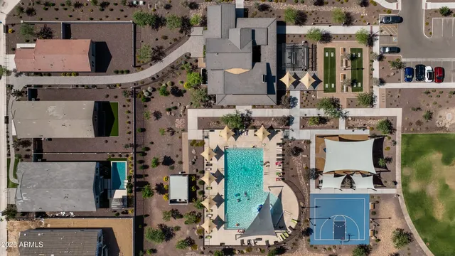 an aerial view of a house with a garden